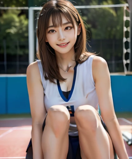 (((Small))),Side Shot,masterpiece, highest quality, High resolution, wallpaper, Realistic, Bright lighting, Professional Lighting, Face Light, Smooth lighting, Japanese Girls, ((Whole body 1.4)),Are standing, cute, smile, beautiful girl, gravure, sexy, so beautiful, Beautiful Skin, Beautiful and detailed、Detailed face、slim、Moderate, short hair, Blonde Hair, Brown Eyes, View your viewers,Tennis player costume,mini skirt,sit,(knee up:1.3),Pink Panties,Panty Shot,Small,Bare legs,