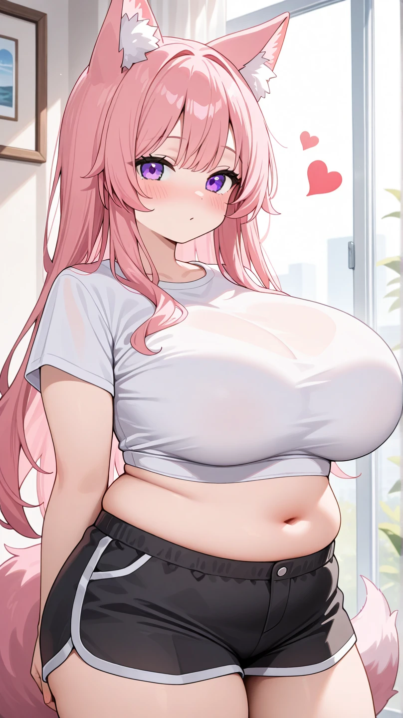 2heads, tall thin woman with 2 heads. Massive breasts. Teenager. In a bedroom. Wearing a tight crop top shirt, wearing gym shorts. Messy pink hair in a ponytail. Blushing. Spunky. Thick eyeliner. Gorgeous thin mature face. Seductive. Huge fake round tits. Huge thighs. Girlfriend. Smirking. Sexy pose.
