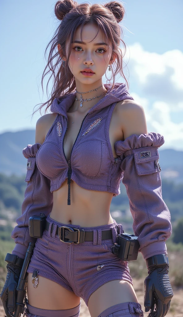 tmasterpiece,Best quality,A high resolution,8K,(Portrait),Head close-up,Original photo,digital photography,(Female scientists in sci-fi style),20 year old girl,long messy hairstyle,By bangs,(Purple Eyes),(white color hair),A plump chest, abdominal muscles, proportional body, Elegant and noble,Serious and indifferent, small breast, cleavage, suspender bra,rich details​, futuristic suit, Keep your mouth shut,exposing your navel,Intricate ornaments,Cyberpunk futuristic style,(Female scholars),dynamic poses,dark street background,oc render reflection texture, realistic, masterpiece, highest quality, lens flare, shade, [[chromatic aberration]], by Jeremy Lipking, by Antonio J. Manzanedo, digital painting, HDR, high contrast