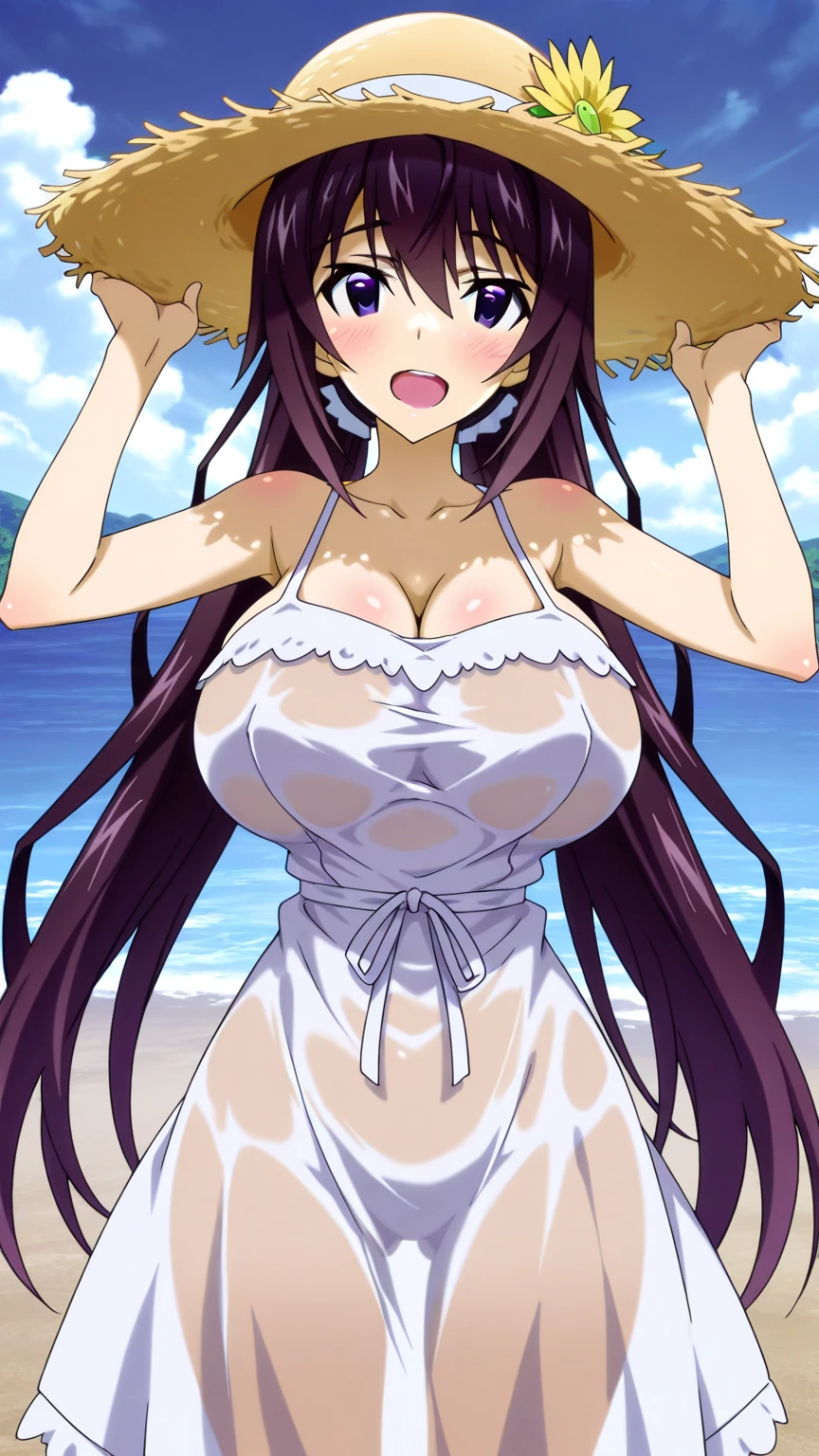 high-level image quality、masutepiece、hightquality、Anime style,Iida_Nana, High resolution, 1. Waman, maturefemale, , Happy smile, (huge-breasted:1.4), bikini of,Beach,Opening Mouth,Arm up,nose blush,Nipples,show off nipple,Breast Focus,breast bikini