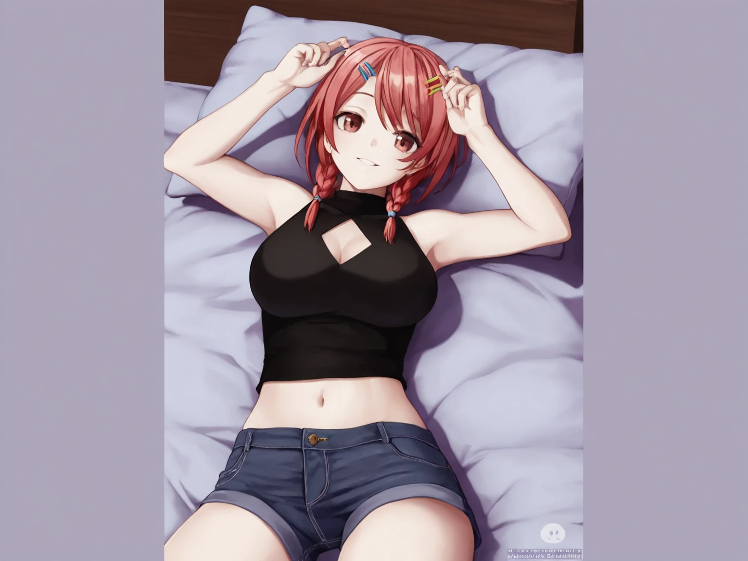 Kurosawa ruby,pink Crop top, white tight panty ,soaked in sweat,sweaty, heavy breathing,red face,blunt hair,curvy body, lying on bed, legs up, spread legs,panty