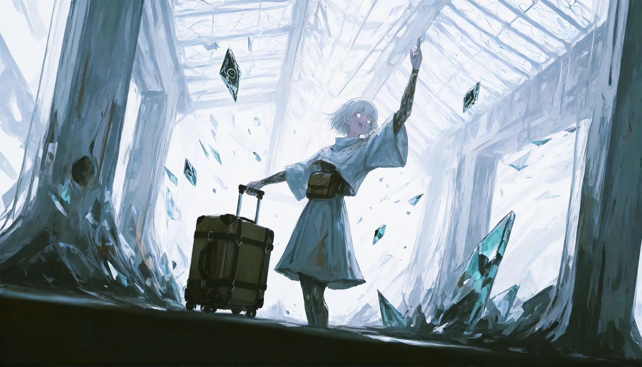 (1girl:1.5), monochromatic conceptual manga illustration, distant shot, minimalistic and symbolic. A young girl floats gently in the center of a vast shattered glass dome — broken panels hovering mid-air in sacred order. Her arms are at her side, hands holding a suitcase. Her face is angled to the right and upward, glowing white eyes wide with uncertainty.
The composition uses the **Fibonacci spiral** and **golden ratio** in the arrangement of the shards, creating a hypnotic visual vortex that leads toward the girl's heart. Reflections of her body and the divine light above twist in unnatural directions across the shards.
The scene is stark, with glowing whites and transparent blues over black ink, radiating inner peace and contradiction — ascension and loss, sacrifice and mystery. The architecture is abstract, cosmic, and emotionally resonant.