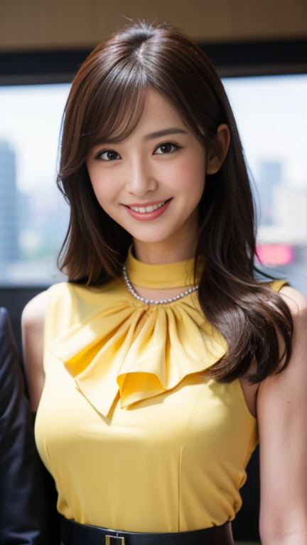 (1 girl, (Wearing a Yellow stage costume:1.25), Very beautiful Japanese idol portraits, 
(RAW Photos, highest quality), (Realistic, Realistic:1.4), (masterpiece), 
Very delicate and beautiful, Very detailed, 2k wallpaper, wonderful, finely, Very detailed CG Unity 8K Wallpaper, Very detailed, High resolution, Soft Light, 
Beautiful detailed girl, Very detailed eyes, Beautiful & sophisticated nose, dimples, Cinema Lighting, bokeh,
(Simple light color background:1.3),
(ponytail), (bangs), 
Complete Anatomy, Slender body, ample bosom, kind smile, SFW)