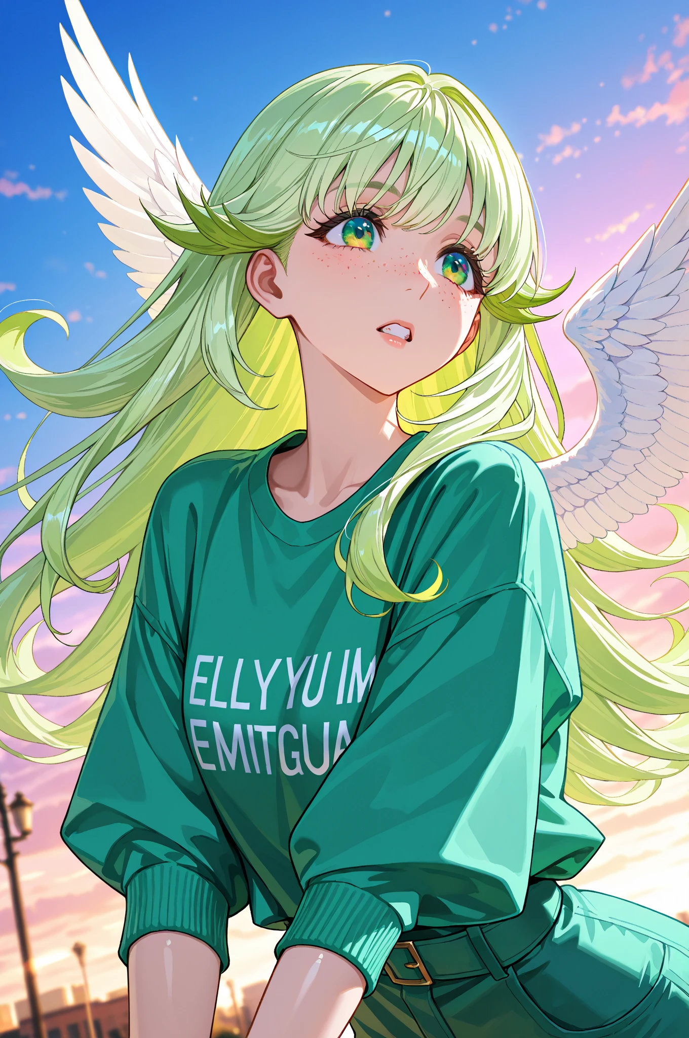 (8k, best quality, masterpiece: 1, 2), (realistic, realistic: 1, 37), top quality, masterpiece, no inner inside, glasses, green hair, long hair, bangs, large ponytail, heterochromic pupil, blue pupil of left eye, red pupil of right eye, angel wings, head ring, white head flower, casual wear, black backpack strap, neck strap, bare foot, bare foot, single foot, leg ring, flat chest, tomboy, stars in the eyes