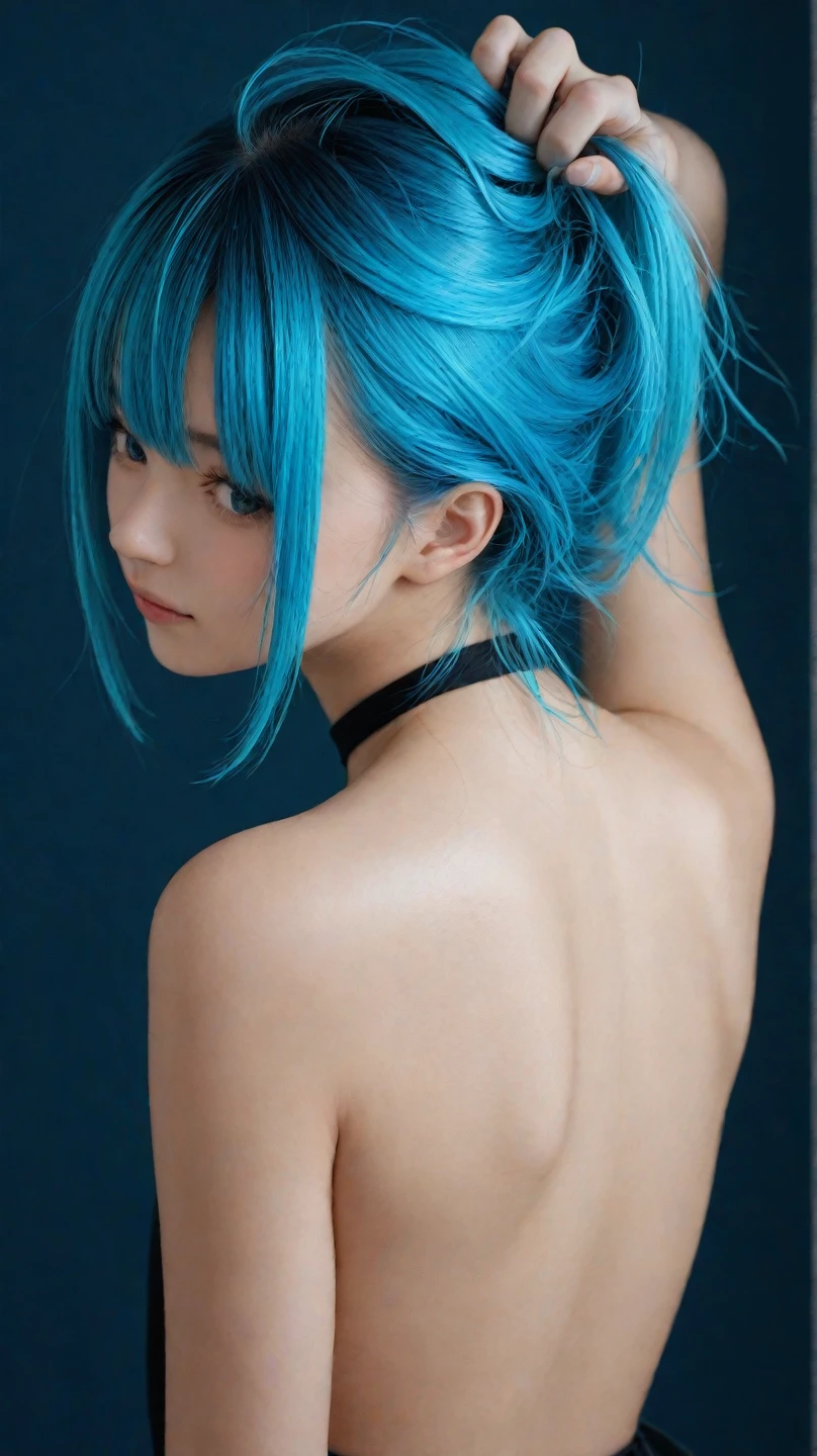 {{masterpiece}}, {{highest quality}}, {{Super detailed}}, cinematic lighting,beautiful delicate shine, dynamic angle, Depth of bounds written, light_leak, wonderful, fine details, 4k, 8K, japanese idol, blue hair, Elegant model, azure sky, floral field, green meadow, serene look, radiant warm hues, natural charm, blue bura, curl hair, nsfw,