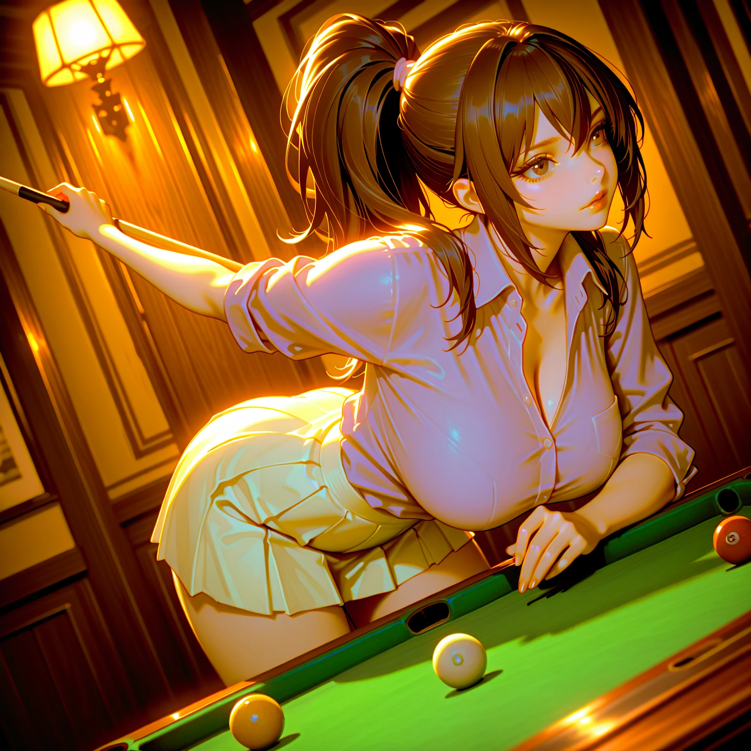 (Highest quality,8k,32K,masterpiece,Ultra-high resolution :1.2 ),born,One girl,Super cute,Natural light,Clear, shining eyes,20-year-old,Fair skin,Billiard table electronic world fantasy background,Golden Hair,short hair,Enjoys playing billiards,Large Breasts,