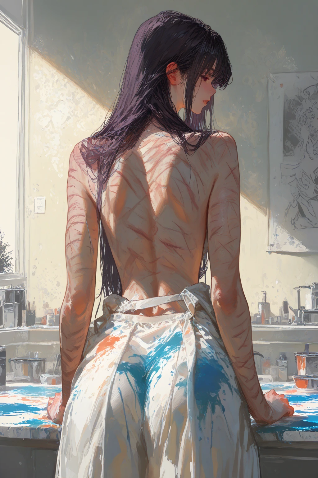 score_9, score_8_up, score_7_up, score_6_up, rating_questionable, 1girl, Mia, MiaRH, 
very long hair, black hair, aqua streaked hair, small breasts, slim, pierced navel, piercings, pierced nipples, full arm tattoo, small round ass, beautiful lips, naked, dynamic pose, aesthetic, perspective, solo, detailed, sensual look, naked, nude, pinup pose, abstract background, detailed background, black-aqua tint, sensual look, pinup pose, face closeup,