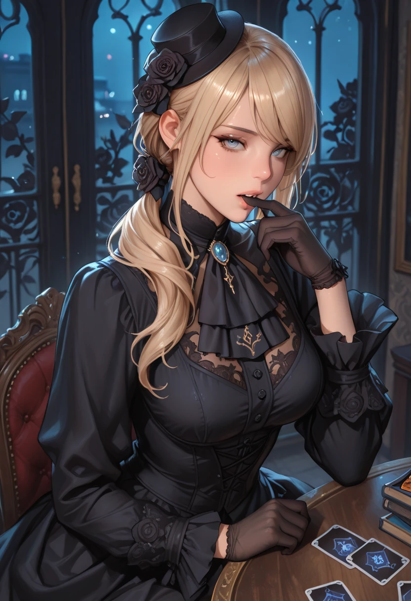 Gothic maid of the Victorian era, Blonde, with black gothic boots, blue eyes, White skin, in a mansion, cleaning a shelf, with a serious but calm look