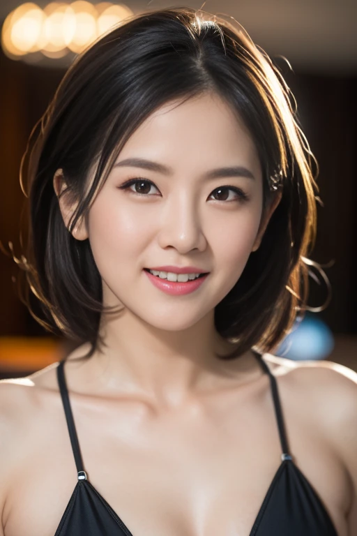 (masterpiece, best quality, extremely detailed, 8k portrait, Japanese cyborg woman, enchanting night sky, dimpled smile, short hair, cute snaggleteeth, beautiful detailed face, detailed eyes, android body, pink robot body, cyborg body, photorealistic, hyper-realism, high contrast, ultra HD, realistic skin textures, top image quality, top-quality, super high resolution, fine details, very meticulously, bokeh background, full-body shot)