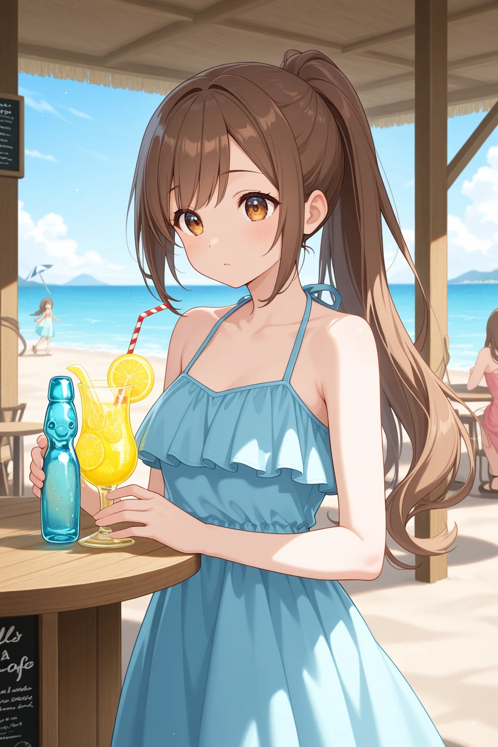 ((16k, highest quality, master piece: 1.2, super detailed, super high resolution, super detailed)),  1 girl, Glass Wonder \(umamusume\), Chestnut Hair, Part of the forelock is white, Long Hair, straight hair, Blue ribbon earrings, red line, one girl, animal ears, horse tail, Blue Eyes, fashionable, elegance, charming, , stunning, charming cleavage, lovely, charming, cute, beautiful detailed face, beautiful detailed eyes, soft expression, slim Beautiful figure, curvaceous, Small breasts, slender arms, graceful hands, delicate fingers, slim wrists, elegant neck,  shoulders, smooth skin, Seaside, sandy beach, Outdoors, blue sky,(black bikini swimwear, drenched, Wet skin)), smaile:1.4