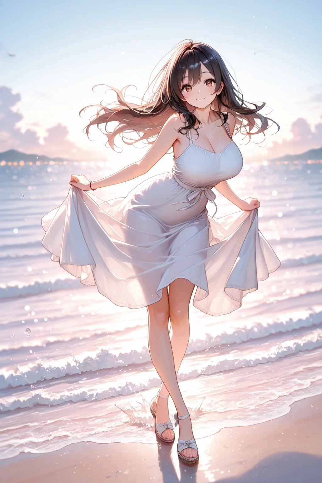 (masutepiece,Best Quality,8K),(extremely detailed CG1.1),Girl standing on the surface of the water emitting a beautiful light,Smile,large boob,(From below:1.2),Intricate details , Hyper realistic, Perfect ???????,A dark-haired,Red Eyes,(((Forehead))),Permed hair with wavy hair,(((length hair))),Hair over one eye,hair slicked back,(((Standing))),Full body,White Dress,blush,Happy smile,Blue sky,Horizon, Splash, Water droplets,Lens Flare,Wind,Magnificent view,(chromatic abberation:1.3),Dynamic Angle,bird flocks,Cowboy Shot,Looking at Viewer