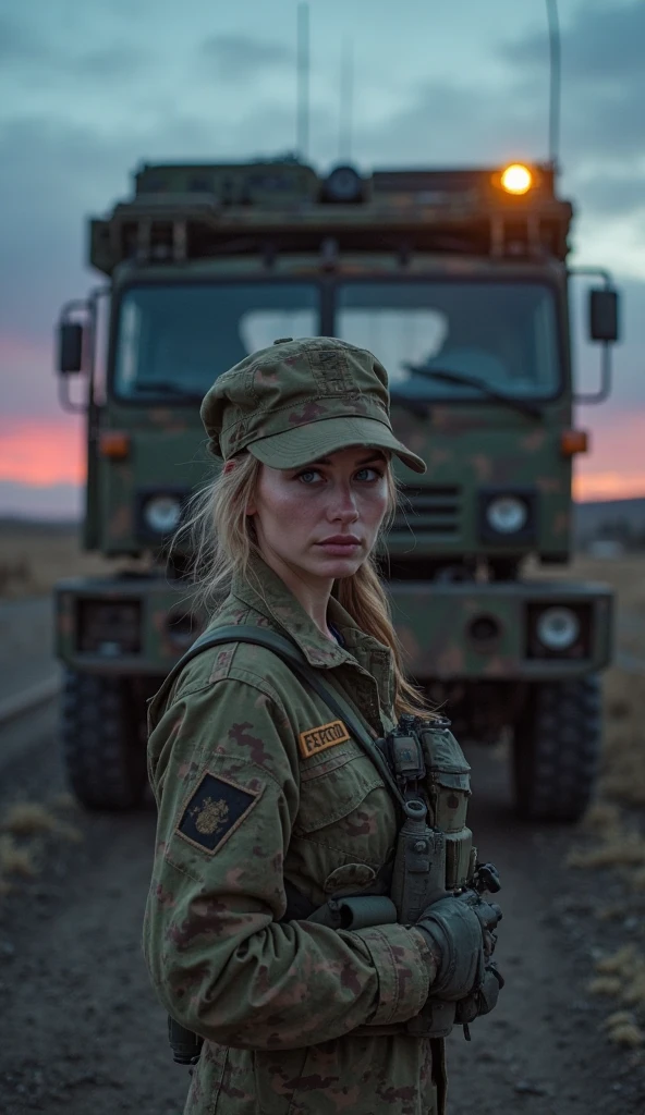 a photography at night of a battleground with 1 stunningly gorgeous 20 years old woman from the army holding a riffle standing face of the camera, (masterpiece:1.3), front picture, braids on 1 side, messy hair photorealistic, (full body in the picture:1.2), panorama, landscape, photography, best quality, night shot, intricate details, perfect detailed face, gray, black, incendie in the background, contrast, depth, texture, detail, clutter and mess everywhere, downtown, destroyed city, destroyed buildings, black smoke in the background, very serious face, very menacing face, (Magnificent sky at dusk:1.5), woman face, dark clouds, field full of corpses in the background, (long hair:1.1), (blond hair:1.3), stunning blue eyes, sharp eyes, (modern military clothes:1.2), (camo clothes:1.2), (fully dressed:1.2), (riffle in hands:1.2), (stains of dirt and blood on her body and face:1.2), industrial, gloomy ambiance, composition, light, shadow, reflection, refraction, vanishing point, horizon line, focal point, (Ukrainian flag laying on her shoulders), epic, dramatic