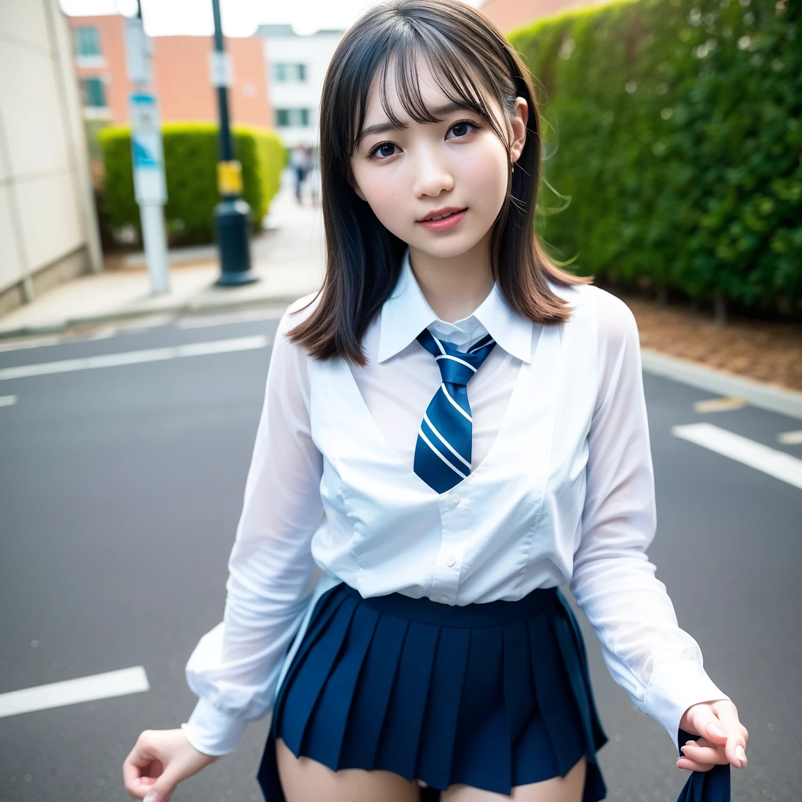 (high-level image quality、hightquality、hight resolution、masterpiece、detaileds、Strobe shooting)、Looking at the camera、Light brown long straight hair、She wears a navy blazer as her high school uniform.)、(she is wearing a navy blue plaid skirt.)、he is wearing a school uniform'White open collar shirt..、Wearing white panties、Wearing white socks、she is wearing black loafers、Have a student bag、(Flipping up the skirt with both hands)、(Spread legs wide)、Shot at a low angle、 (Shinjuku daytime alley)、(i'I'm on a sidewalk lined with shops.)