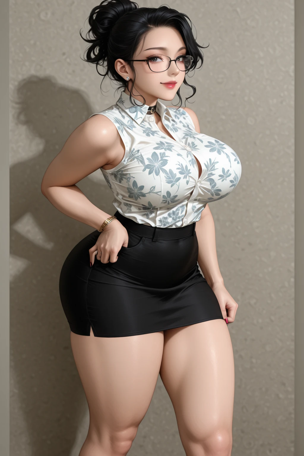 A curvaceous, cute and skinny super large biggest thick ass realist secretary , dressed in a tight-fitting skirt that hugs her voluptuous large and thick hips and round huge thick ass behind. perky breasts, which are just barely contained within the constraints of her buttoned-up attire. pantyhose, big and thick and ass, large and thick hips
