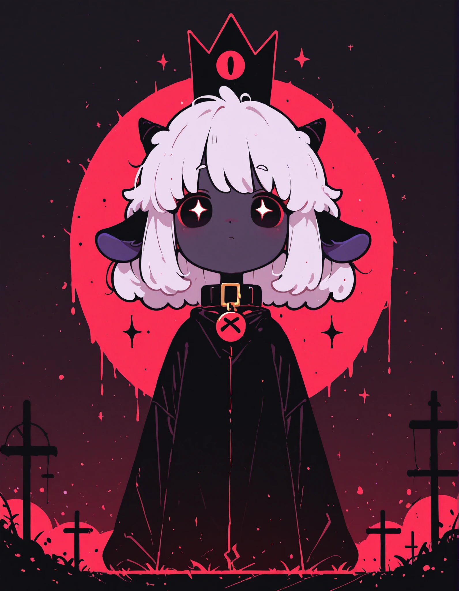Lamb girl, with big black horns, Curly, lush white hair, dressed in gothic clothes, red eyes, cute nose, place of feet hooves, gothic clothing dress like in the 19th century, in hand there is a shovel stained with blood