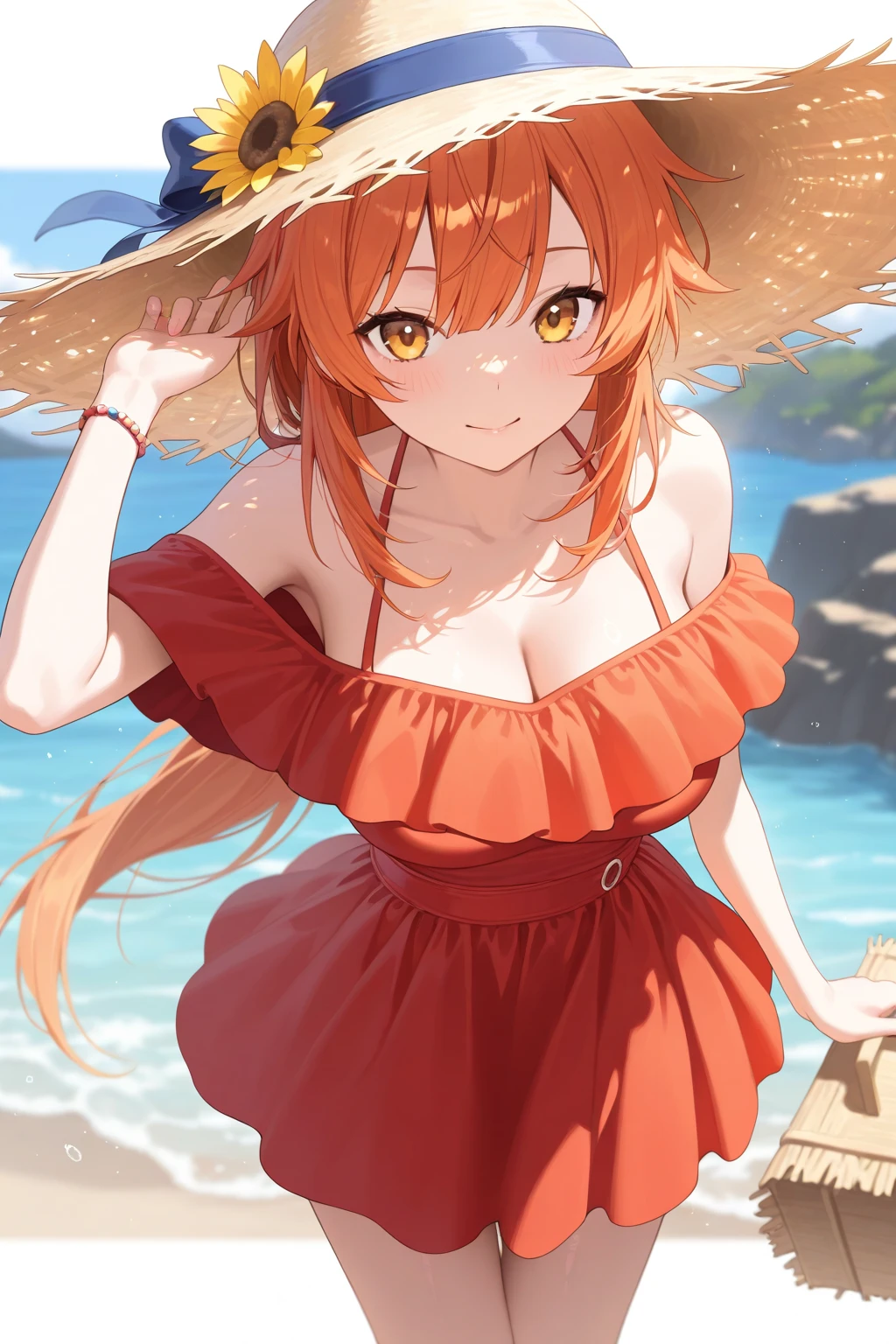 (masutepiece, Best Quality:1.2),Illustration,8K,hard disk,1girl in,Solo,upper body，Smile whole body,(Portrait:1.2),Large breasts,Orange hair,Long hair,Bow,grey  eyes,Hair Ornament,Hair Ornament，Bikini swimwear，A pareo is worn below the navel.，He is wearing a large straw hat.，My hair is moving to the left due to the wind，I&#39;m holding down the straw hat with my right hand so it doesn&#39;t fly away.，sea side，sand beach，evening