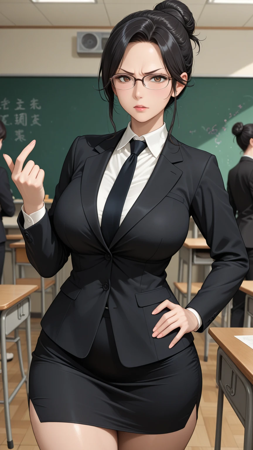 (Highly detailed CG Unity 8k wallpaper)、(masterpiece)、(Highest quality)、(Super detailed)、(Best illustrations)、(Best Shadow)、Ultra-high resolution、(Real、Photorealistic:1.2)、(Beautiful student teacher:1.4)、Dark brown long hair、(Large Breasts:1.2)、(School classroom:1.4)、(Black recruitment suit:1.2)、(Cute Necklace:1.2)、Puffy eyes、(Stand at the podium with the blackboard behind you:1.2)、(Close-up)、High contrast light、Upper Body