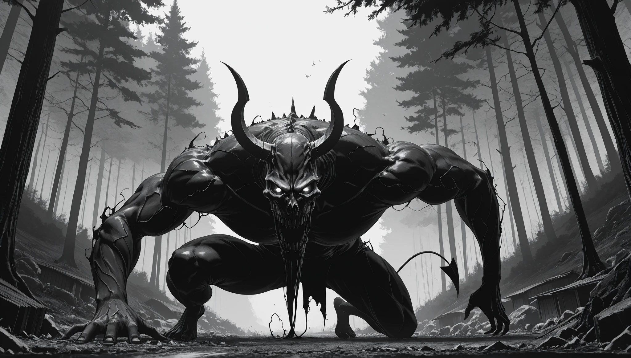(masterpiece), (ultra-detailed), (very aesthetic), (absurdres), (ultra high resolution), NSFW, frontal angle, Best quality, High quality, Detailed, High resolution, 8k, Ultra high res, highest quality, BLACK AND WHITE image, monochrome, simple drawing, monochrome, void demon walking alone in the woods, small cabin in the forest, (UltraHD8K), (intricatedetails:1.1), masterpiece, best quality, amazing quality, belth, long hair, LowKeyLights, cinematic 8k, UHD, horror, grim , dark,