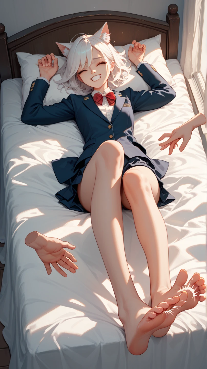 (masterpiece, best quality:1.1), 1girl, laying on side, freckles, blindgirl, (brown hair:0.9), short hair, messy hair, (gray eyes:1.1), :3, cat ears, (black and white skirt), paw pose, GGAS_Box, <lora:Blind-girl-000030:0.8>, <lora:GGAS_Box:0.7>