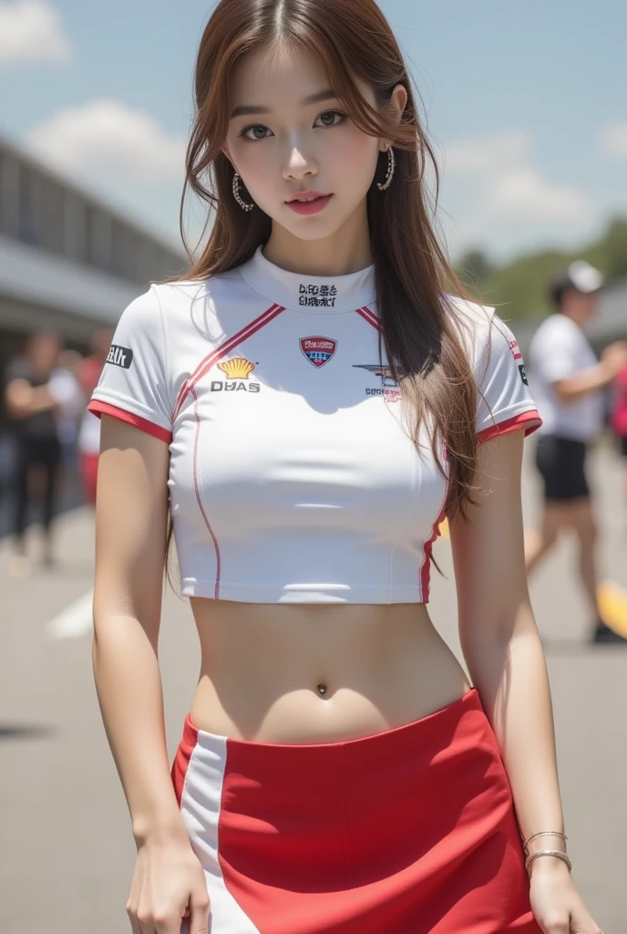 A photo of a 29-year-old Chilean woman, smiling, looking intense, showing her athletic and feminine body, dressed in a crop top and red jeans sportswear, is in Italy watching a Juventus vs Milan match.