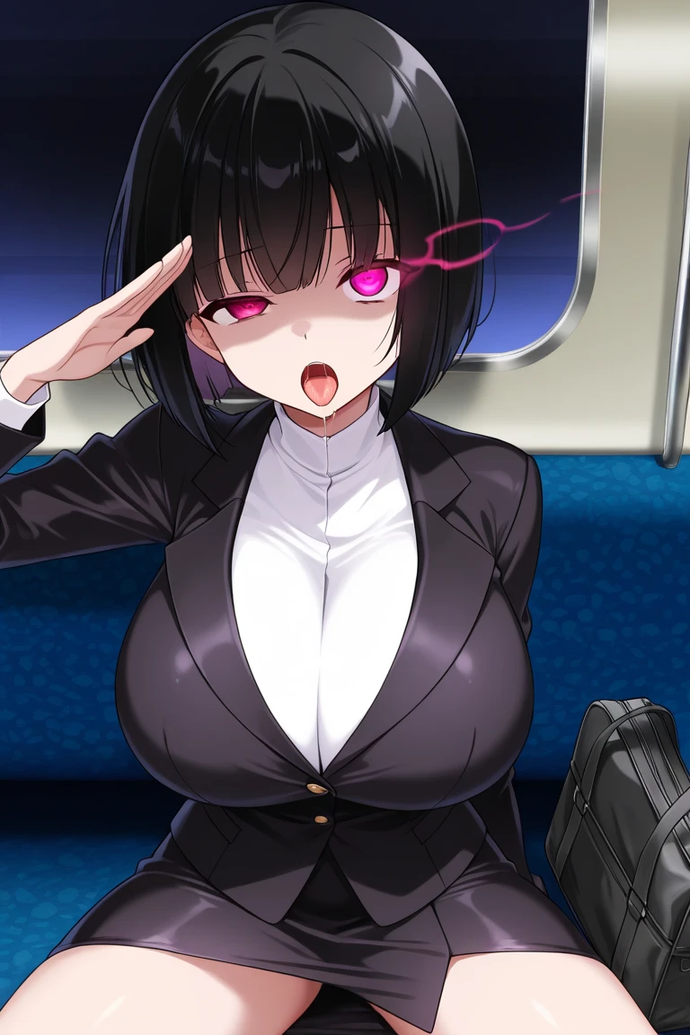 An attractive sexy delinquents girl short white albino hair Mencho her head her blue eyes sucking sweet lollipops she wears short metallic delinquents black leather jacket underneath a heavy purple bra showing navel and a panties with blue lines of fabric that covers from her knees down