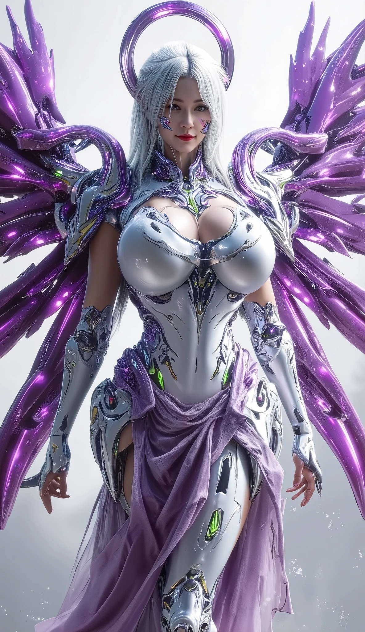 HUGE FAKE BOOBS, (BEAUTIFUL, PURPLE, WHITE), FUTURISTIC PHOENIX ARMOR GEAR, FUTURISTIC MECHA SUIT, (CLEAVAGE), ((LARGEST MECHANICAL PEACOCK WINGS)), (TALL LEGS), FRONT, (STANDING), SEXY BODY, MUSCLE ABS, UHD, 8K, 1080P.