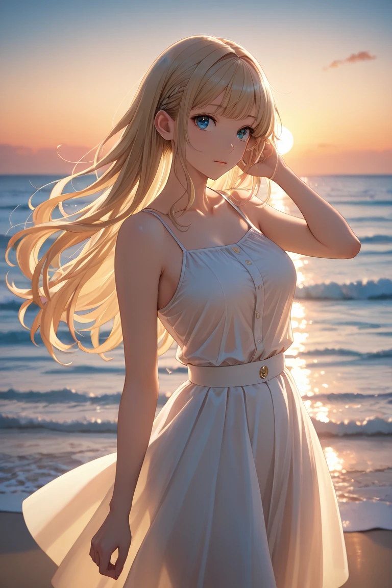 Realistic photos, Focus distance 10mm, Red and white, A big smile, Curly blonde hair, Beautiful girl, Realistic photos, Focus distance 10mmで撮影, masterpiece, 最high quality, high quality, Very detailed CG 8k wallpaper unit, Award-winning photography, Bokeh, Depth of written boundary, High resolution, bloom, chromatic aberration, Realistic, Very detailed, Art Station Trends, CGsociety Trends, Complex, High detail, dramatic, Art on the go, Beach Beauty: "A beautiful girl with long, sun-kissed hair, wearing a flowing summer dress, standing on a sandy beach at sunset, with the ocean waves gently crashing behind her."