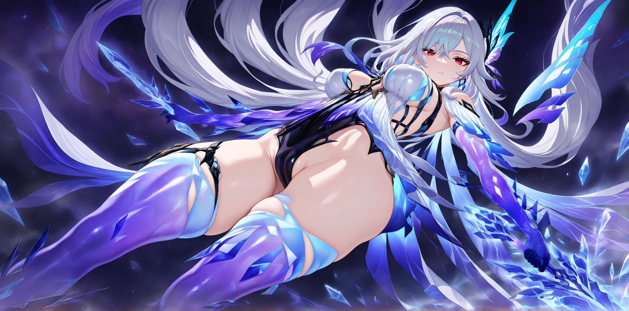 score_9, score_8_up, score_7_up, 1 skirk, solo character, full close UP, masterpiece, best quality, very aesthetic, attractive image, perfect details, a solo character, solo, 1 sexy girl, (1 skirk genshin impact), breathless and hot, she has a powerful and naughty girl expression, Her expression is confident, seductive and defiant, with a slight smile of superiority and a penetrating look that conveys control and cold charm. masterpiece, best quality, amazing quality, simple background, black background, clear face, masterpiece, super details, epic composition, ultra HD, high quality, extremely detailed, official art, 8k uniform wallpaper, super detail, 32k, skirk, 1girl, long hair, crystal clear gloves, breasts with pointy and puffy nipples, sexy cleavage, thin waist, wide hips, big perky butt, micro swimsuit sticking out exposing part of her fat and big butt, wide hips, flexible body, jewelry, bangs, ((she wears a short sexy dress, under the dress exposes her thin swimsuit sticking into her pussy, bare shoulders, elbow-length ice gloves, crystal clear blue gloves, crystal clear ice long stockings)), very detailed character, hair ornament, earrings, very long hair, attractive red eyes, medium pointy breasts, thick thighs exposed, detailed micro swimsuit under the short dress, she wears a micro swimsuit stuck to the swollen intimate part of the bottom of the dress, ultra HD photo, beautiful gray hair, hair between the eyes, red eyes, sitting on the thick, marking intimate part, big swollen camel toe, sexy poses, leaning over, perky ass, sexy and provocative pose, costume stuck in the swollen pussy, sensualizing, close UP, giant pussy, provocative, holding crystalline ice sword, dimensional rift,