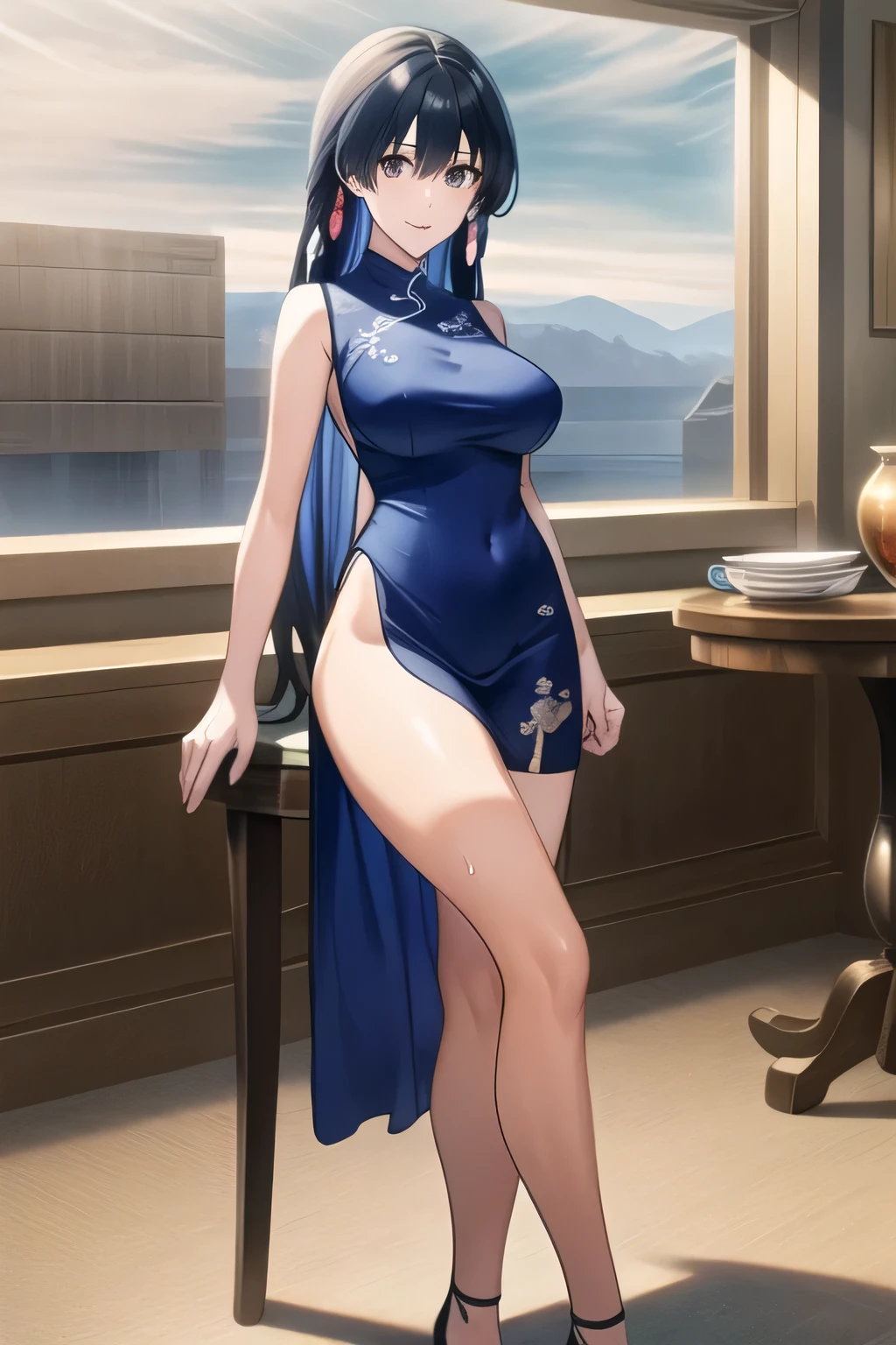 Women with Lovely Smiles,a woman in a micro miniskirt,Black Panties,Big Breasts,Please draw it my expression more delicately,,draw a woman wearing a skirt that flutters in the style,Under the clear sky of the clear plateau、一people立つ,Wind Fluttering Skirt,can you draw a woman with lots of chocolate,I need my whole body,大きな胸を持つ女性をPlease draw it,her nipples are wet、 you can see through the swimsuit bottom,can I draw shiny dark blue Chinese clothes,,standing,(I'm drawing a more subtle expression),(china dress with blue and gold edging),( Chinese clothes with dragon embroidery)( dark blue panties ),(High Heels)can I draw shiny blue Chinese style clothes myself, I need a face for this job, that's why 、Don't cut it out , , 30歳大peopleの色気のある女性です、 , , big boobs,but thin waist , people々using cinematic lighting and ray tracing、Can't you draw shiny blue Chinese clothes ,accurately drawing 5 fingers is very important for work、Animated CG,Please draw it,