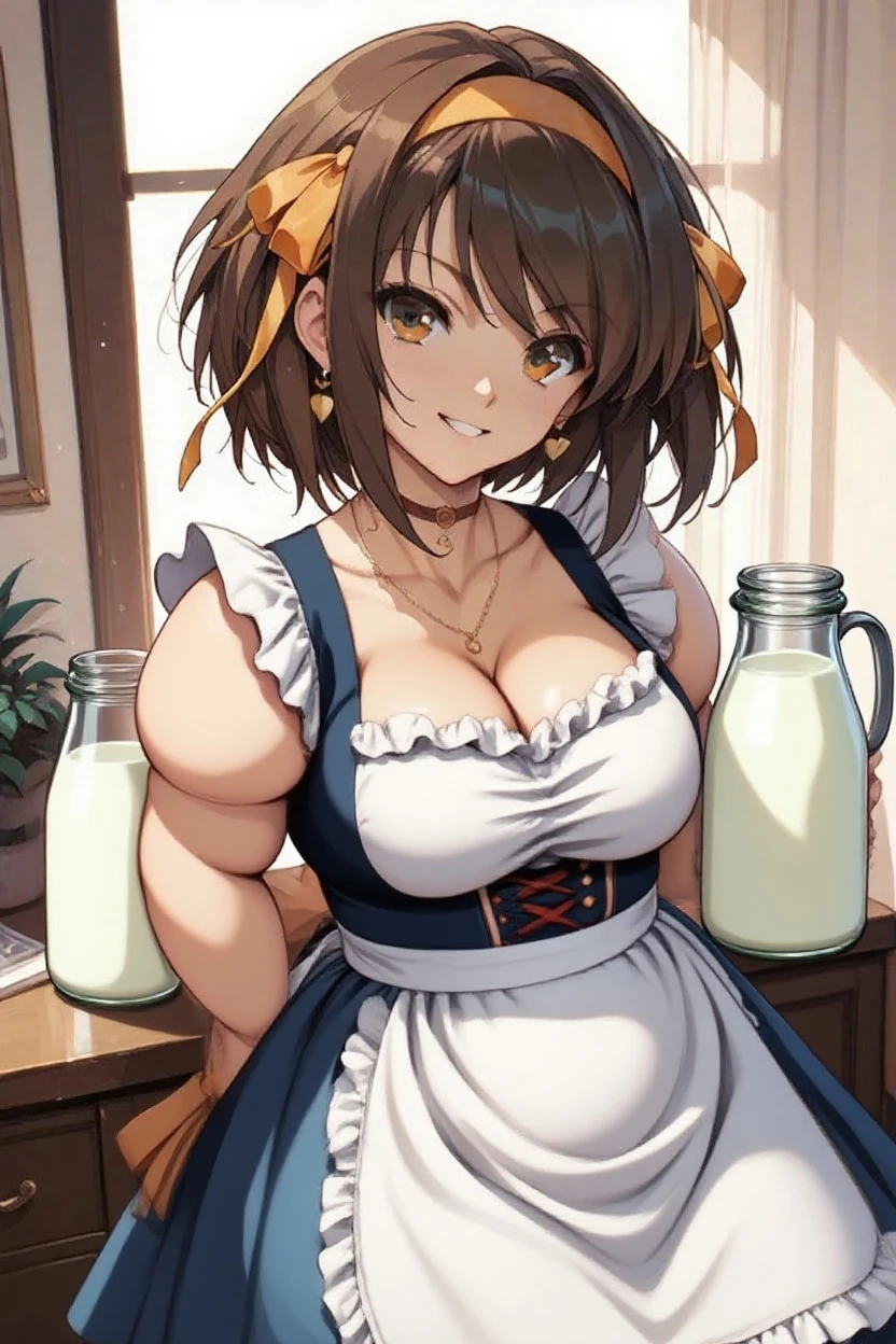 1girl, solo, brown ponytail, (naked:1.3), (apron), large breasts, thighs, cafe background, smiling, (blushing:1.3), (milk drip on breasts:1.3), leaning forward, pov