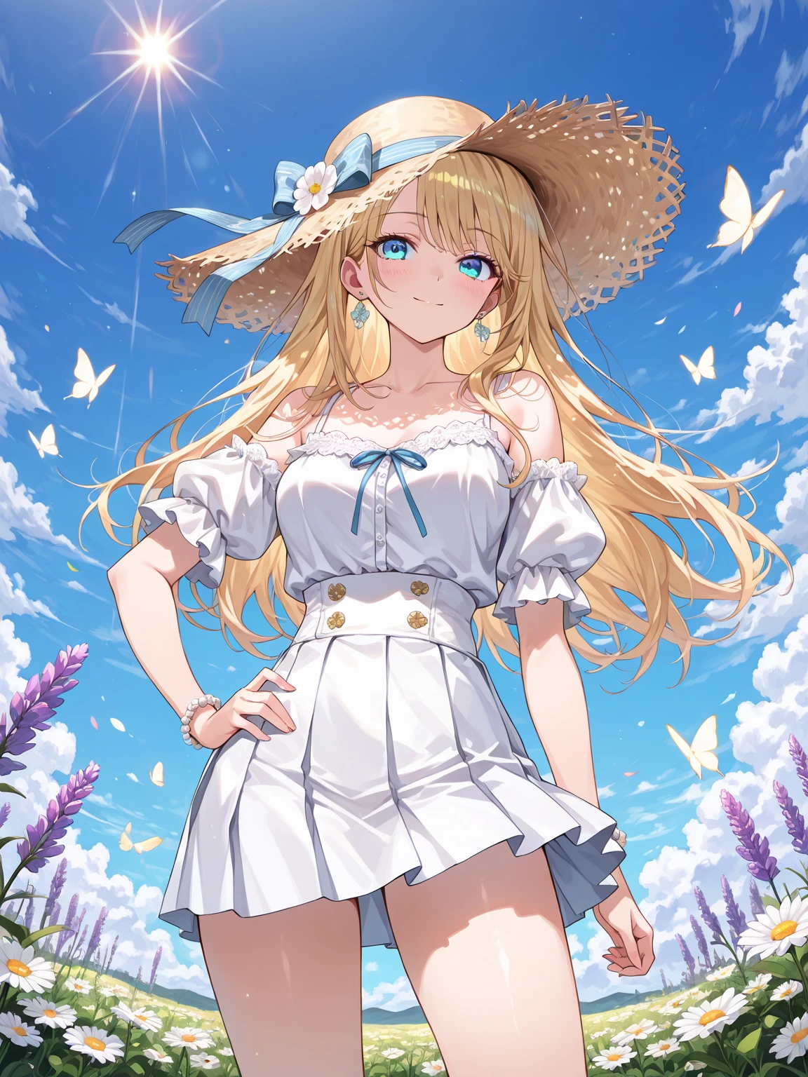 lexington \(warship girls r\),((masterpiece)),(((best quality))),((ultra-detailed)),((illustration)),((disheveled hair)),((frills)),(1 girl),(solo),
1girl, aircraft, airplane, animal, bangle, bangs, blue butterfly, blue choker, blue dress, blue eyes, blue flower, blue ribbon, blue rose, blush, bracelet, breasts, ***, butterfly, butterfly hair ornament, butterfly on hand, butterfly wings, choker, cleavage, dandelion, dragonfly, dress, eyebrows visible through hair, flower, full body, glowing butterfly, gradient, grass, hair between eyes, hat, hat flower, high heels, holding, holding flower, jewelry, long hair, looking at viewer, medium breasts, parted lips, plant, ribbon, rose, sandals, solo, standing, straw hat, sun hat, sunflower, very long hair, watch, white butterfly, wristband, wristwatch, yellow butterfly, yellow flower, flaxen hair, blue short skirt