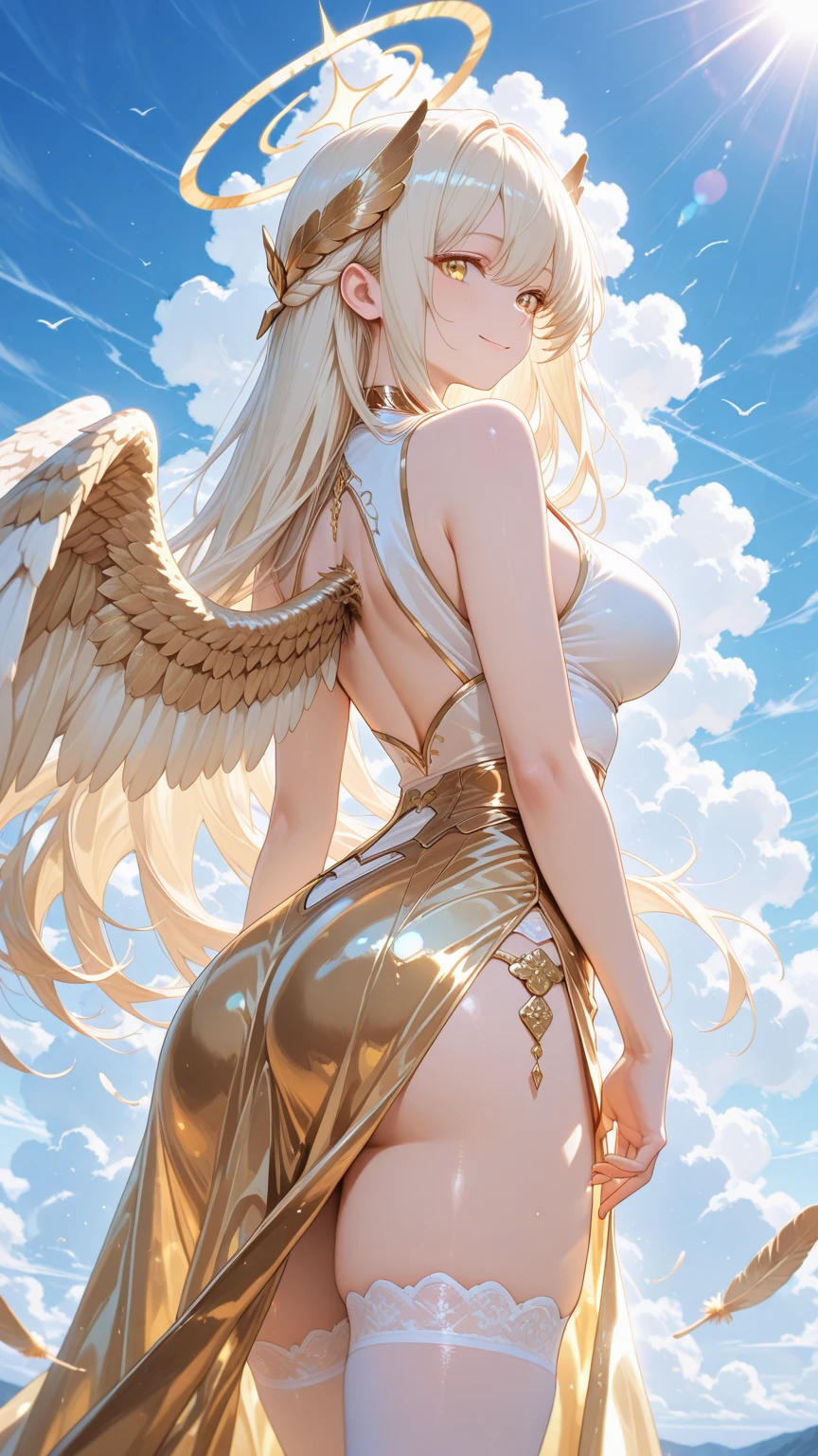 masterpiece, best quality, shadows, best light, dynamic angle, naughty posing, 1 girl, pretty angel, blonde long hair, sexy tight dress, wings, seductive smile, flirty, intense gaze, soft lips, long eyelashes, angelic vibes, perfect anatomy, looking at the viewer, pretty face, ass, breast, thighs, nsfw,
