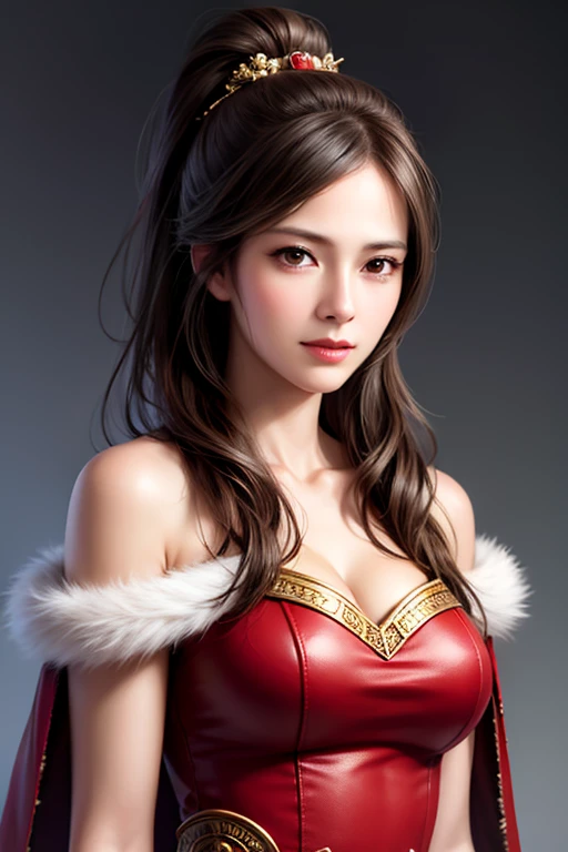 Ultra-detailed complex 3D rendering of the face, (Colossal: 8.8), (masterpiece, top quality, octane rendering, 8K), glamour shot full body image, very beautiful young elf, cleavage, (very detailed skin: 1.2), (exposure: 1.1), brown-haired, ((wearing a plummeted open shirt of red silk: 1.5)), beautiful Caucasian woman with full soft breasts and dark skin, with big buttocks, 1 person, blonde long braided hair, big breasts, dynamic angle, mystical expression, ultra-realistic photo, (((((portrait)))), bare feet, futuristic urban background, facial muscles, detailed and beautiful gold crown, in the style of Marvel Comics, ArtStation trends, clear focus, studio photography, intricate details, highly detailed, detailed red eyes, very detailed, Sharp Focus, Digital Rendering, Professional, Abs, Dark Grey Background, Black Skin