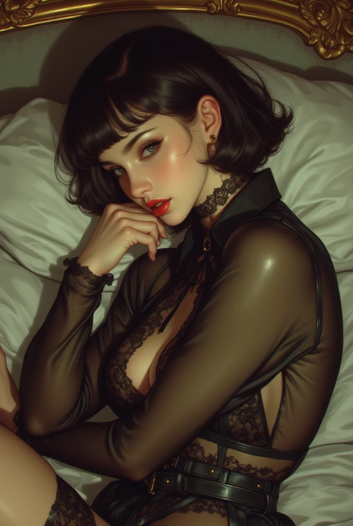 Korean girl，Being in a hotel，(Lying on her back in bed:1.5)，(spread their legs，Curl up:1.3)，(The legs are lifted by the man and placed on the shoulders:1.2)，(Being touched by men:1.5)，(Being stroked by a man's crotch:1.5)，Top-down view，
（（（tmasterpiece）））， （（best qualtiy））， （（intricately details））， （（ultra-realistic realism））， Ridiculous res， A MILF， Mature woman， ssee-through， highly  detailed， illustratio， 1. Mature women， with fair skin，（（Large breasts:1.1）)，perfect hand， detailed finger， Beautiful detailed eyes，Wavy curly hair，with brown eye， name badge， vd， （Bandeau evening dress:1.5），Bandeau，neck rings，耳Nipple Ring， detailedbackground， Being in a hotel， perfect  eyes， Seductive eye，Cocked buttocks，Reddened face，(weeping:1.2)，Confused eyes