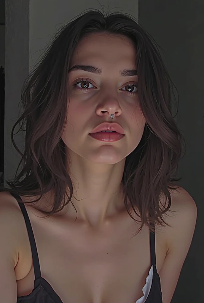 (From a birds-eye, above perspective), 1girl, high quality, high resolution, 4k, thin, 25 year old, solo, JuRe, in sexy lingerie, eyes looking up, lips, realistic, nose, flirting with camera, kneeling in a fitting room, looking seductively at viewer
