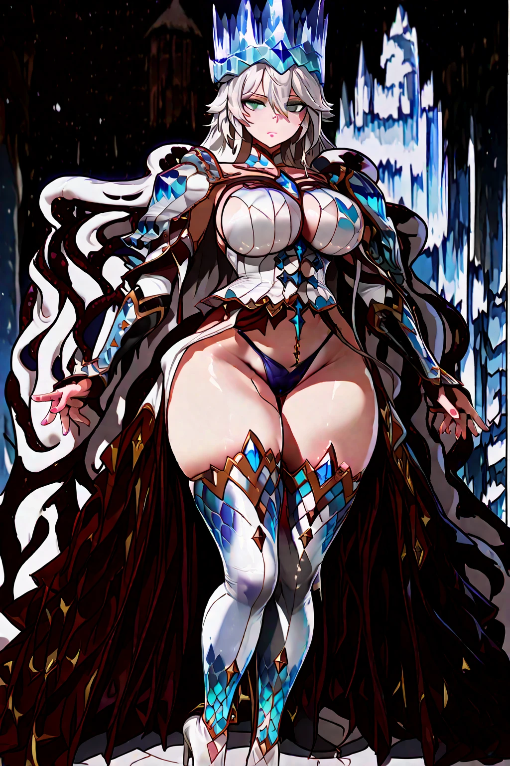 ((highest quality)), ((masterpiece)), ((hyperrealistic)), (detailed background), 1girl, ((curvy: 1.2)), ((lame blue leotard)), ((catsuit leotard)), (knight armor), (See-through long skirt dress), cloak de cour, gauntlet, gloves, white hair, ahoge, (large breasts), (see-through cleavage cutout), (zettai ryouiki black thigh high boots), (pantyhose thighs), (pantyhose groin area), beautiful eyes, perfect face, Perfect hands, perfect fingers, Blue sky and grassland,