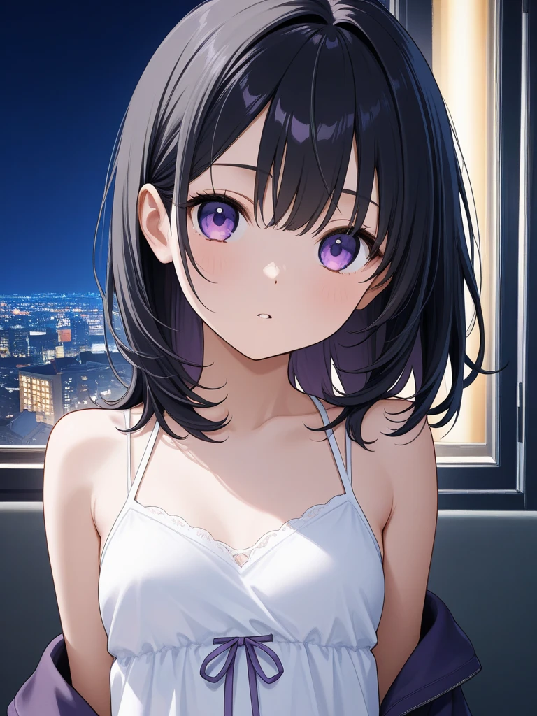 (Cute older sister:1.3)、((Very detailed))、night、Bedroom、On the bed、、Going to bed、Shining night sky、((1 person)),,White camisole