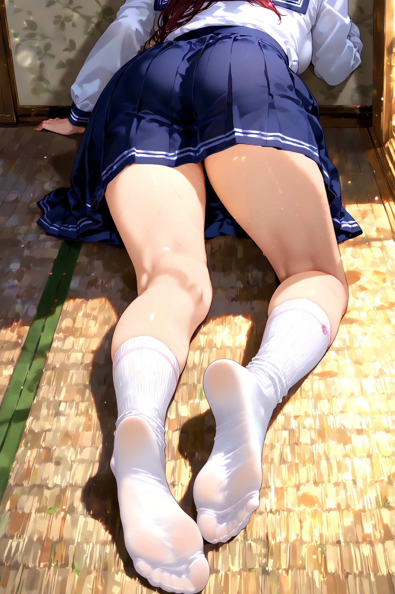 ((Correct Anatomy)),(Female student),((school uniform)),((Sailor suit)),((White lace panties)),(Mini Pleated Skirt),(((White loose socks))),((squat)),Ultra-high resolution,Mature Woman, Mature Woman, Very detailed,Sunburned skin,Brown Skin,((Beautiful feet)),(Big Breasts),((Beautiful legs)),Perfect hands, Detailed fingers, Beautiful details, ((Long blonde hair)),((ponytail)),Black Choker, Earrings,loafers,Embarrassing,Perfect Eyes, Captivating eyes,(School)