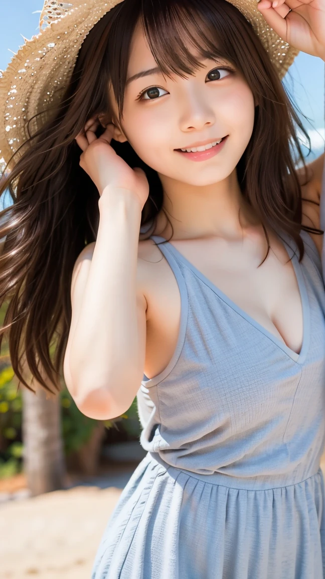 Highest quality, masterpiece, Ultra-high resolution, (Realistic:1.4), (Close-up portrait) RAW Photos, 1 girl, 2, (((One Piece White))), Wink,masterpiece, Realistic pictures, Japanese Photos, Fuji Negative Film, saturation, Contrast, Pocari Sweat advertisement ((Small breasts)),((Smiling with teeth showing)),Long Hair Top Ponytail,Brown Hair,