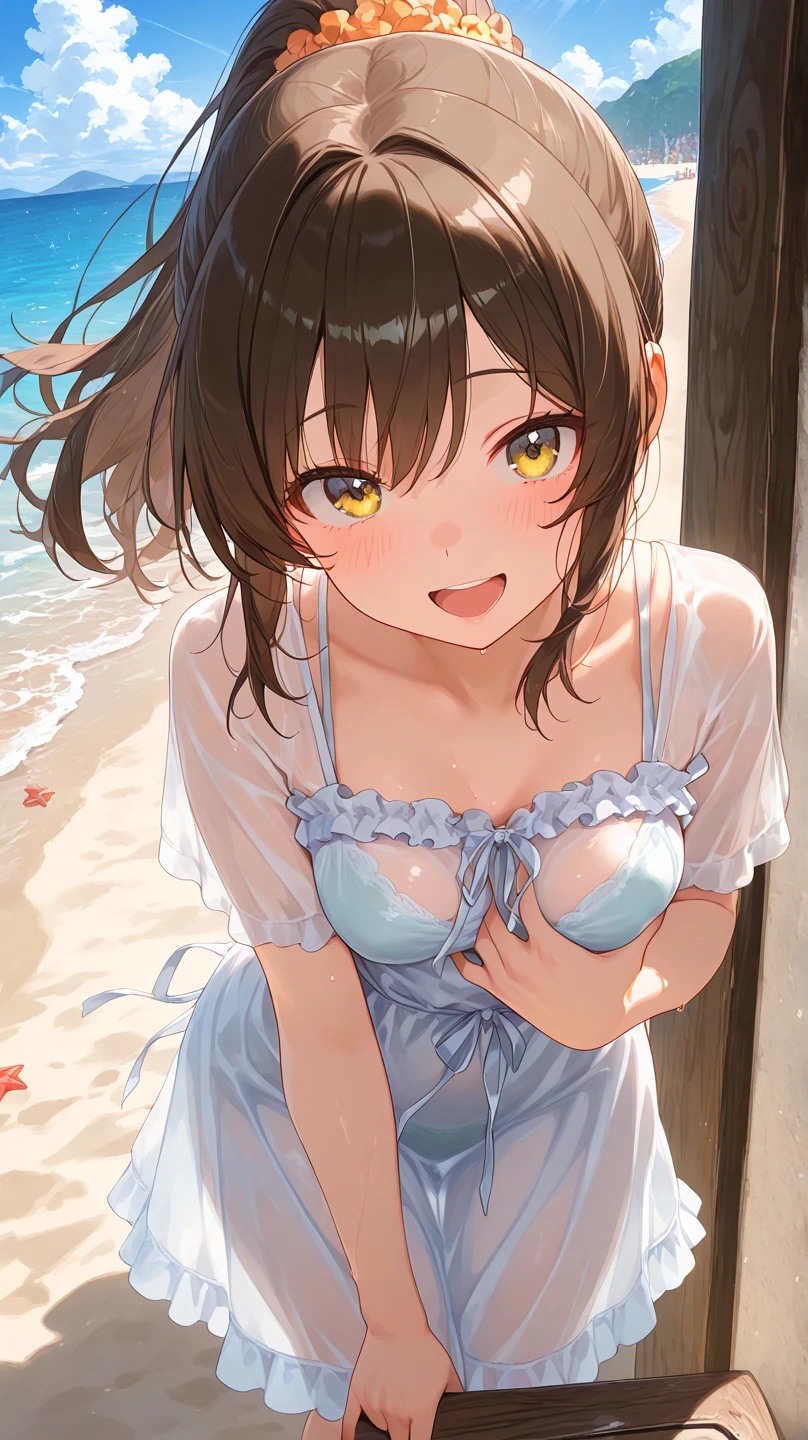 10 years old,Girl,,Flat Chest,Little white panties,Small nipples,Highest quality、High resolution、Detailed Background、Beautiful face in every detail、Teenage Beauty、Cute hair colour、Brown Hair、Black Hair、Bobcut、Twin tails、Big smile、boost mood、 Summer sun、Shining Sea,Angle from below、Leg spread、Embarrassing、