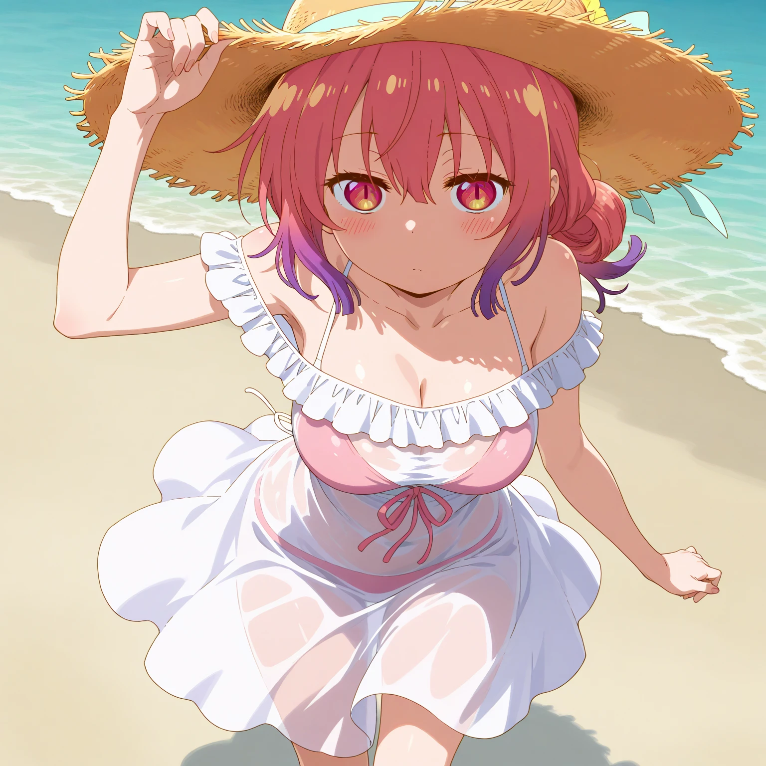 1 girl(white pareo, pink hair, half side up hair, flower hair clip, red eye, barefoot), sea side beach,
