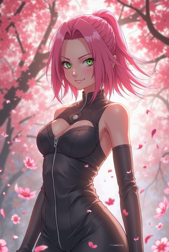tmasterpiece, Best quality at best, 1girll, Sakura Haruno, Large breasts,Off-the-shoulder attire,upperbody closeup),Raised sexy,is shy,ssmile,with pink hair, Green eyeballs:1.4), Forehead protection, alley, prostitute, slutty, slutty clothes, fishnet, see-through, zipper panties, nipple pasties,