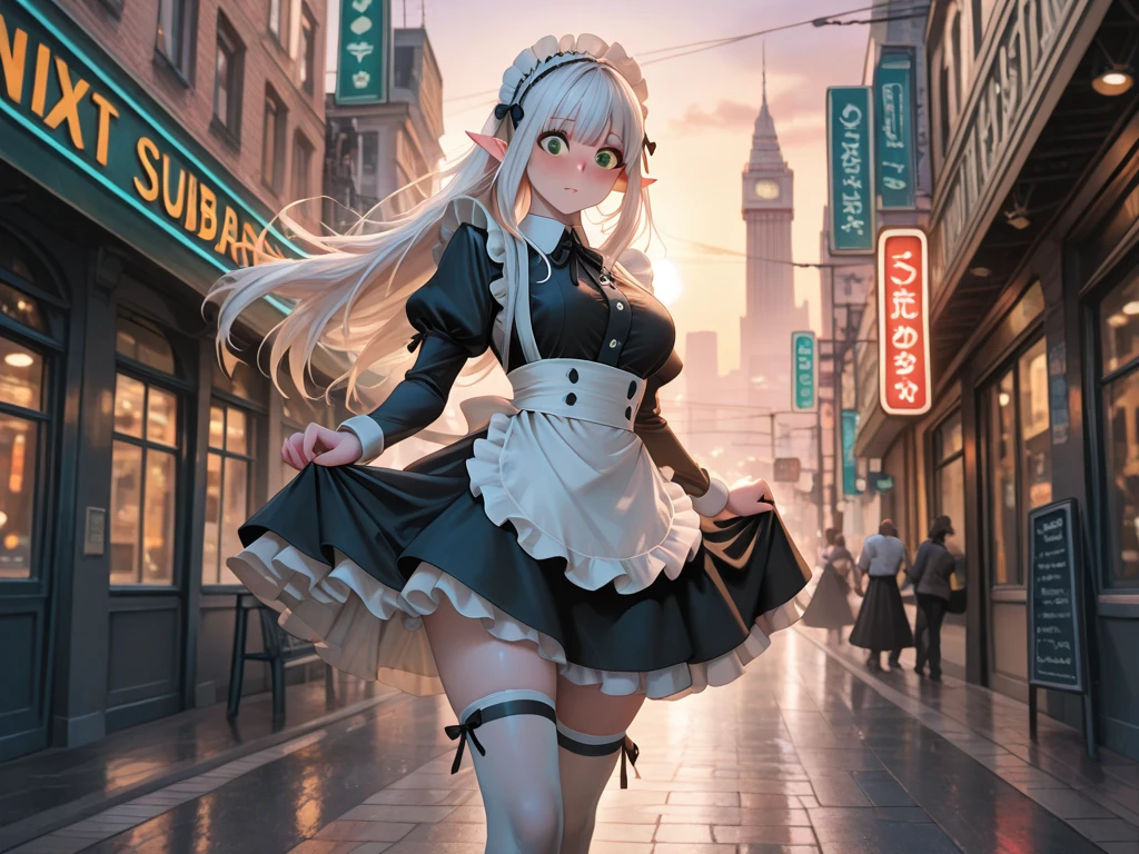(Fox Girl, Fox Ears, Silver Hair, Fox Makeup, One Girl, Long Hair, Alone on the screen, dark skin, High definition, high resolution:1.6), (maid apron, Black and white clothes, skirt, Mechanical suit for legs:1.8), (Body measurements are 75-60-75!, Young girl body, Small breasts, skirt hold, slender, muscle:1.9), Avatar, face, 色っぽいface, Dominant representation, naughty face, Uplifting, Skin Texture, outside, ruins, Ruined City, Broken Building, There are no people