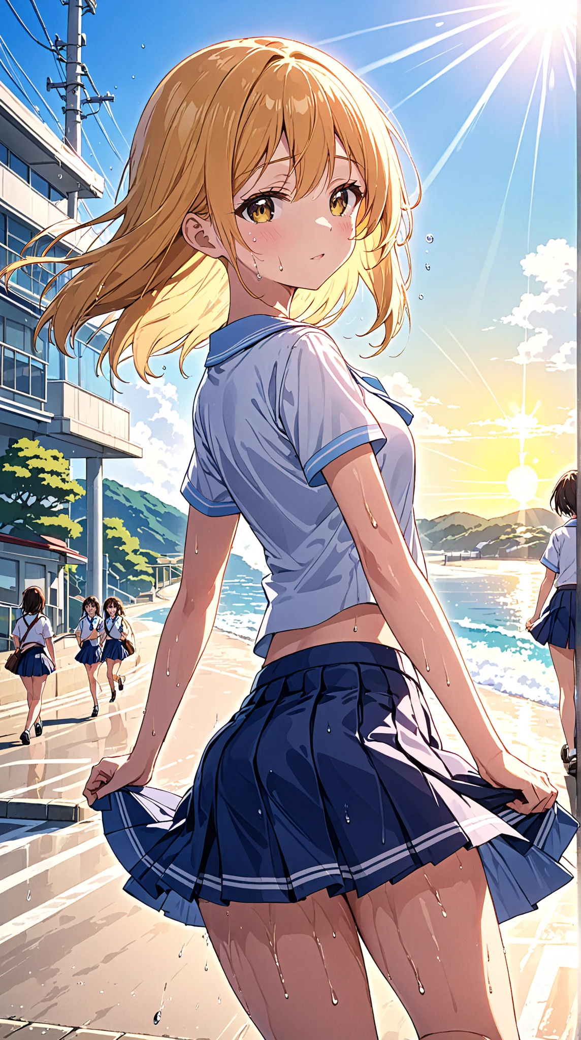 Extremely sharp focus,a stunningly detailed and photorealistic image,Create a Beach Volleyball scene of kawaii-LOVELIVE(embarrassed expression)(blush),different positions, as the BeachVolleyball Group photo,in the background a Beach's proudest moment,cuteface(shyness),incredibly charming,stunningly pretty, Pink Lips, shapely legs, centered image, uniform lighting, High Definition. model, art style, Kodak portra 400, film,embarassing, cute face, beautifulgirl,Shinkai Makoto mix DEEMO style, Dreamlike magic, cool color palette, vibrant eyes, lofi colors, Vignette,phi ratio, rule of thirds, makoto sinkai