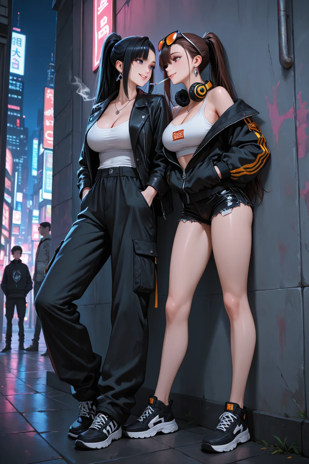 Big breasts ((1 sexy yakuza mafia girl)) stylish black hair with blunt bangs)) ((double hair buns)) ((Green eyes, perfect eyes)), extremely sexy body, ((wears a wet white sweatshirt open on her large breasts)), skirt made of tailored fabrics, light and soft fabric)) her large breasts take shape in the wet blouse, ((leg holster)) sadistic and frightening expression, ((masterpiece, ultra detailed, superior quality )), ((realistic)) she is sitting in a cannabis growing laboratory, a lots of cannabis plants in background, legs crossed, look of superiority, body defined and a little toned, ((((she has a tattoo that starts on her thighs and goes to her navel))) ) (((she is a yakuza boss)))