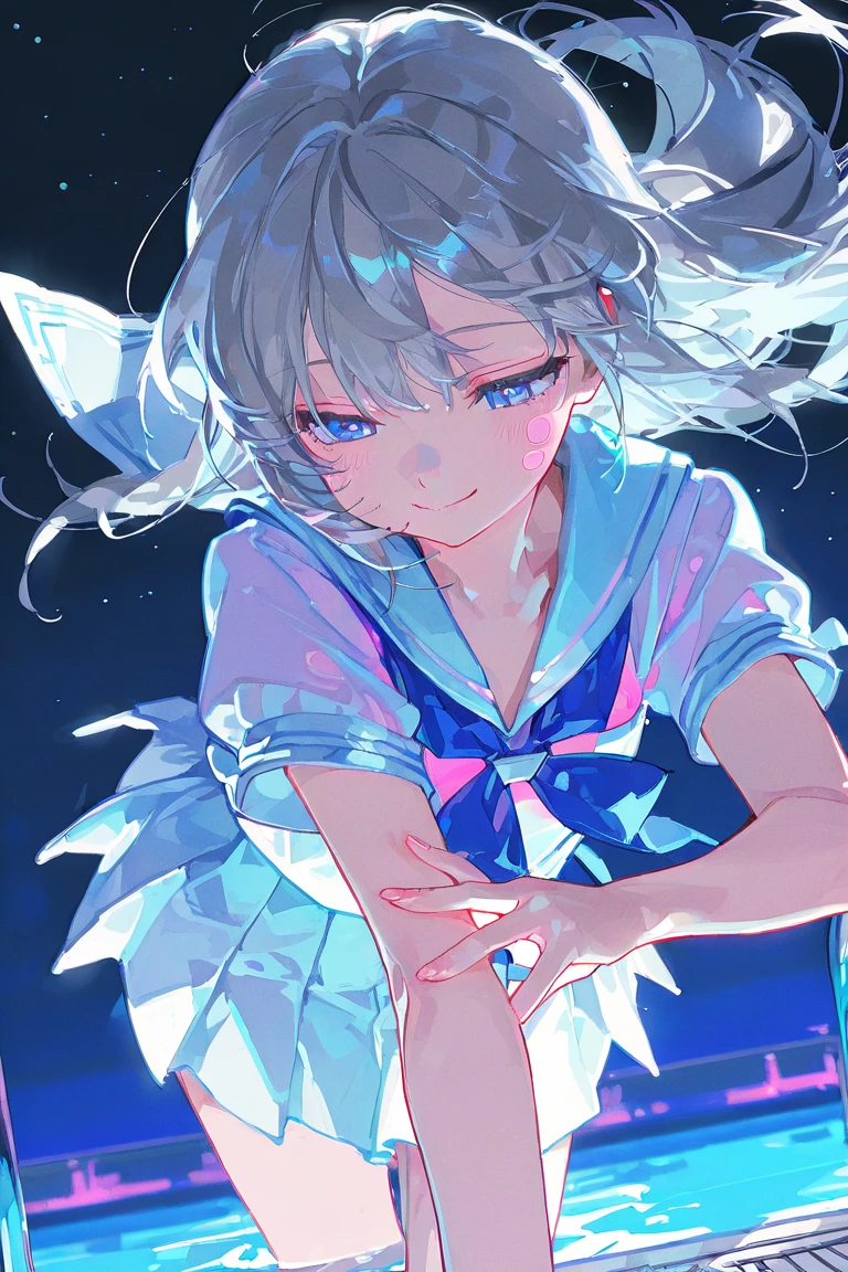 UHD, retina, masterpiece, accurate, anatomically correct, super detail, high details, high quality, award winning, best quality, highres, good anatomy, 1080P, HD, 4K, 8k, 16k, 1girl, long white hair, teal eyes, ahoge, waving hand at viewer, smiling, hand and face main focus, wearing a sailor uniform