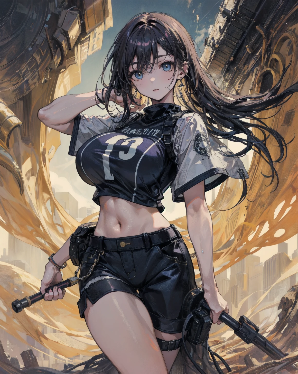 最high quality、best image quality、masterpiece、teenage girl((18-year-old、 By becoming、vest bust、medium bust,wide open breast tea、black eye, black hair、long hair、thin,highest valley、Torn black t-shirt(2:3)、angry face,damaged pants(2:3)、Perforated gloves、blue earrings、dog tag、Please show me your whole body、fighting pose、Black wings、red hat)),high quality、beautiful art、background((outer space、Subspace、Black Hole)),debris flies、Depth of written boundary、movie、visual art、perfect art、8K,genuine