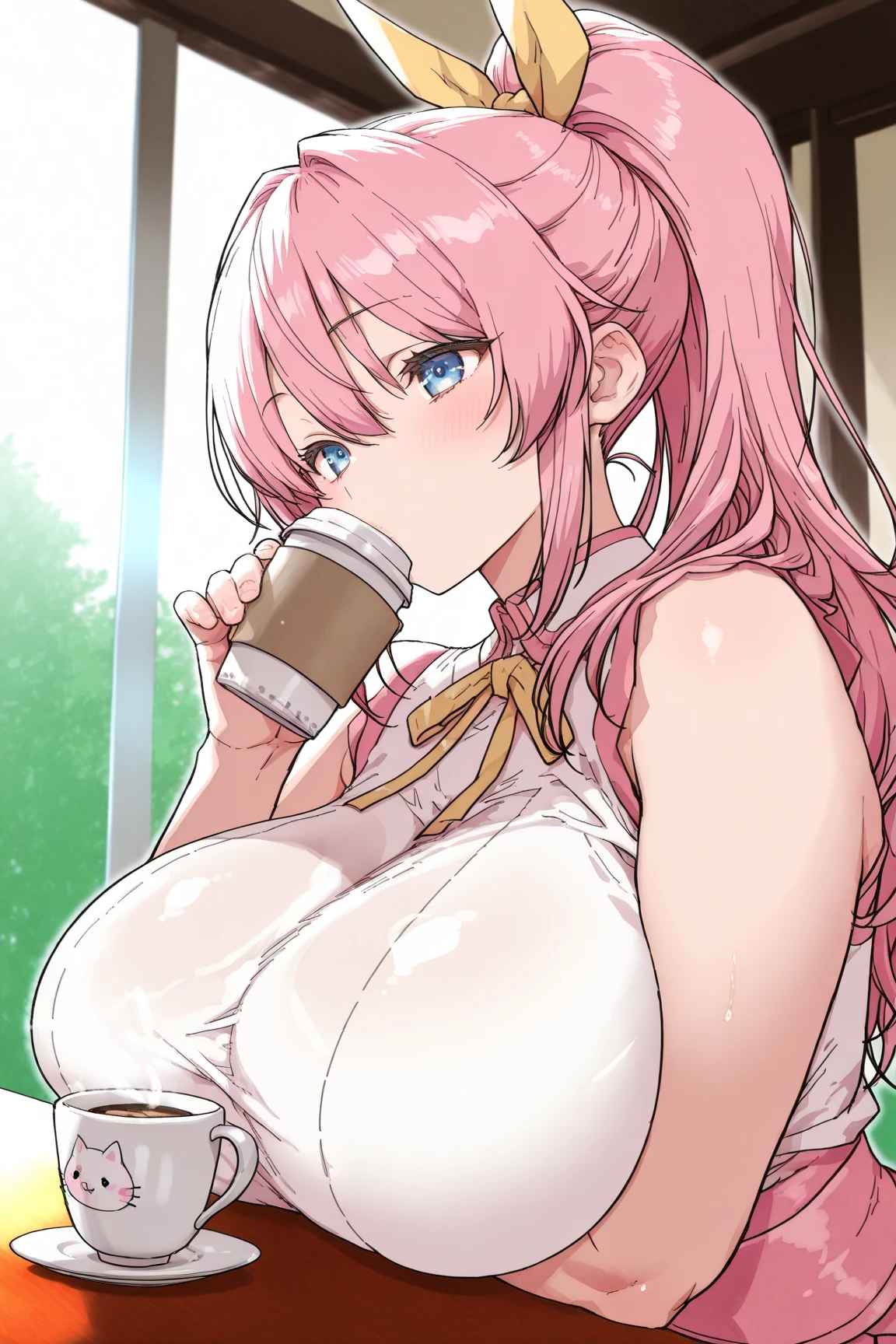1girl, solo, march7th /honkaistarrail, pink hair, (naked:1.3), (white apron), large breasts, cleavage, thighs, cafe background, (blushing:1.3), wearing a tang top, high resolution, high qualty, beautiful body girl, openlegs