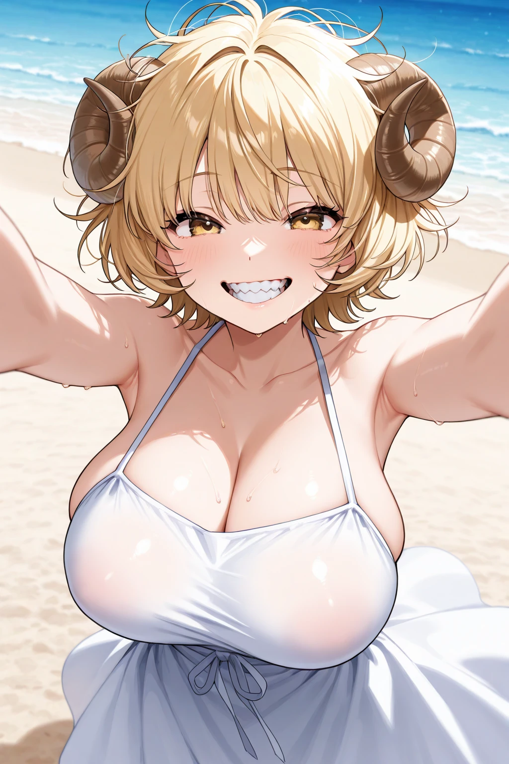 (masterpiece), (highest quality), (figure), (Very detailed), (High resolution), (8k), (Perfect Anatomy), (Anatomically correct), One Girl, Very large breasts, Big Breasts, Twin tails, Drill Hair, (Golden Hair), very cute girl, Short, young, , Young, delicate, Attention to girls, she, smile, 魅力的なsmile, blush, Best moment, Junior and senior high school students, low length, Golden Eyes, Bright Eyes, Vivid eyes, cute, Thighs, Waistline, Being spoiled, Innocent, i love you, Love Viewer, Beautiful Skin, Beautiful body, cute顔, delicate arms, Innocent, Boyfriend's gaze, Vivid eyes, Neat, blush, whole body, Seductive, Detailed skin texture, Intricate details, Very detailedな顔, Beautiful Eyes, Big Eyes, heart, Desire to monopolize, Quote, Beautifully shaped breasts, Looking up, I love you, Mami Tomoe, Beach at night, Flashy Bikini, No hat, No hair accessories, Date for two,