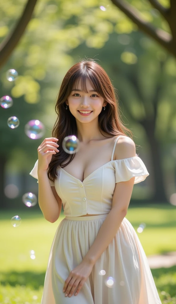 High quality, high resolution, fantastic realistic photography. One girl, masterpiece, highly detailed, ((cinematographic lighting)), (shining), ((dramatic lighting)), ((beautiful delicate shining)), intricate details, lens flare, long blonde hair blowing in the wind, looking at the viewer, pure white dress, moonlit sea, countless lights, soap bubble particles, cowboy shot, bright smile, blue eyes, spotlight, background is a fantastic landscape of moonlight and night forest and river blended together